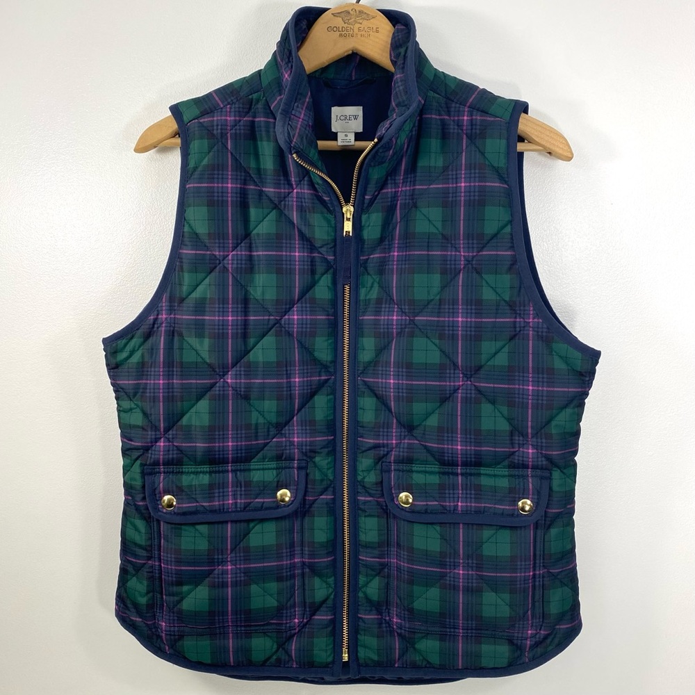 J. Crew Tartan Plaid Quilted Insulated Puffer Vest Jacket Navy Blue Green Pink S